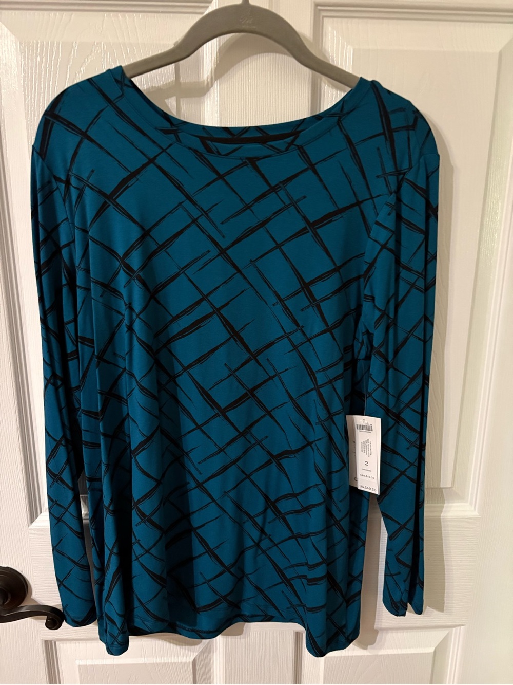 Chico's Teal Long-Sleeve Top with Black Abstract Grid